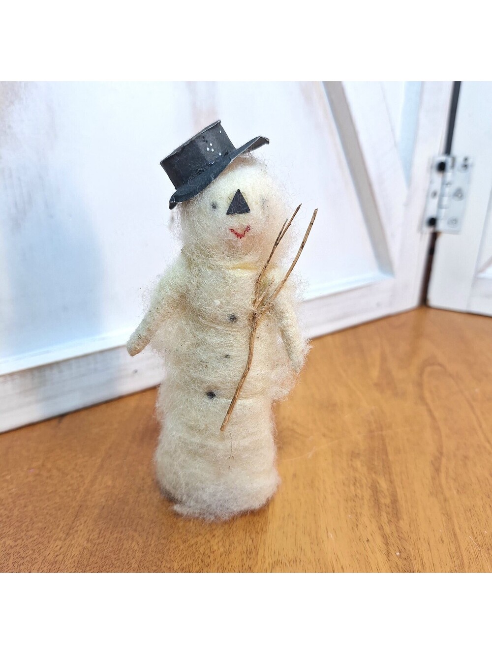 Primitive Snowman Made From Carboard Wrapped In Batten Christmas Figurine 5x1.75